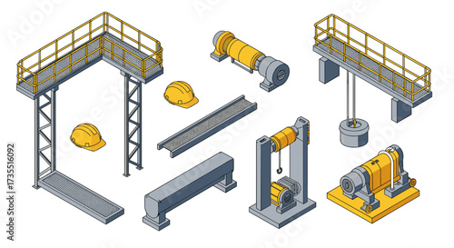Isometric industrial equipment set with platforms and machinery elements