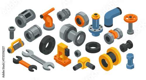 Isometric industrial parts and tools for construction and plumbing