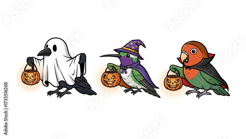 Halloween Birds Trio: A whimsical illustration depicts three charming birds, each in a unique Halloween costume, carrying carved jack-o'-lanterns against an inviting aesthetic. 