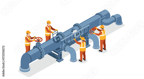 Engineers operating industrial pipeline system in isometric style