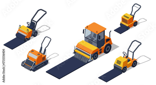 Isometric construction equipment collection featuring road rollers and pavers
