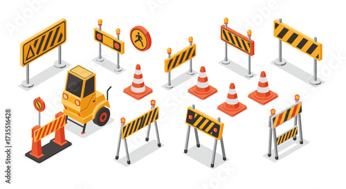 Isometric construction barriers and traffic elements in orange and yellow
