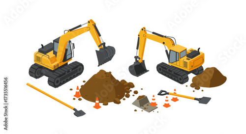 Isometric construction site with excavators and safety cones