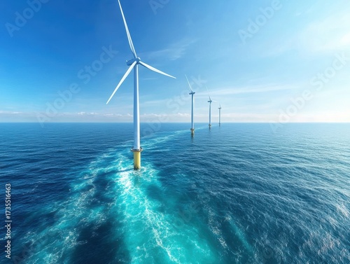 Offshore wind turbines harnessing renewable energy in clear blue ocean during bright sunny day
