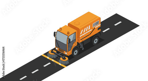 Isometric street sweeper on road modern urban cleaning vehicle