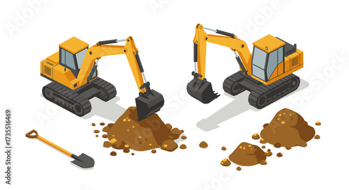 Two isometric excavators and shovel with piles of dirt on white background