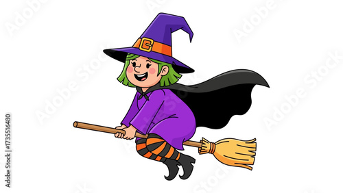 Spirited Witch on Broomstick: A cheerful witch, donning a pointed hat, soars through the sky on her trusty broomstick, offering a delightful depiction of Halloween magic and whimsical enchantment.