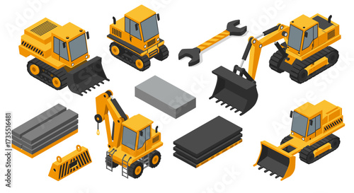 Construction equipment isometric set featuring bulldozers, excavators, and tools