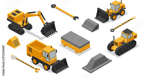 Construction equipment isometric design with bulldozers and excavators