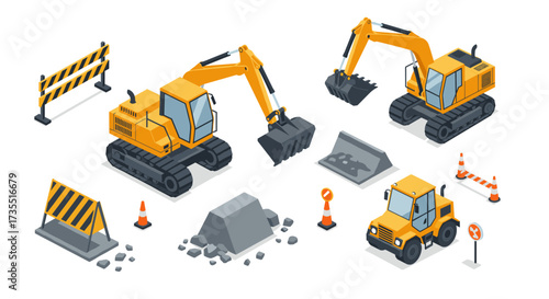 Construction equipment with isometric design featuring excavator and bulldozer