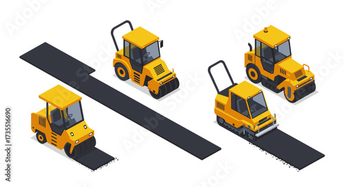 Isometric road rollers and asphalt paving machines collection
