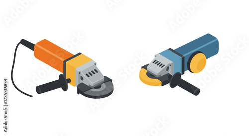 Isometric power tools angle grinders with ergonomic design in blue and orange