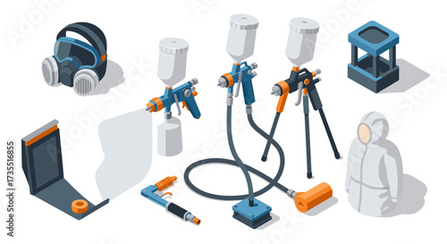 Isometric painting equipment set with respirators and spray tools