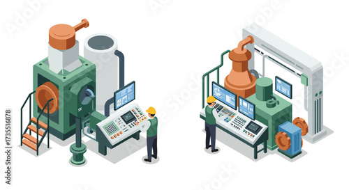 Isometric industrial automation engineers operating machinery with control panels