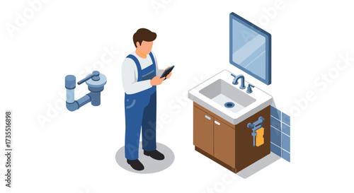 Isometric plumber fixing sink with tablet in modern bathroom setting