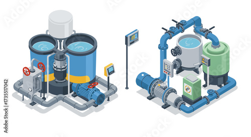 Isometric industrial water treatment system with tanks and pumps