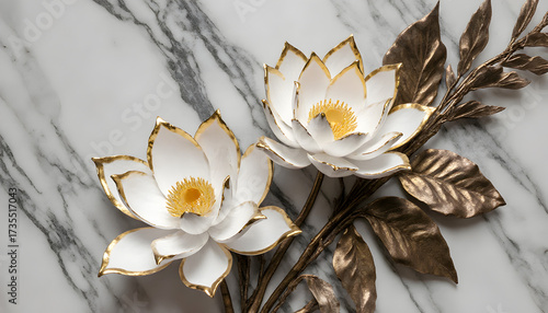 Decorative White Lotus Flowers with Gold Edging and Bronze Leaves on Marble Surface