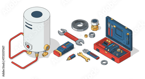 Comprehensive toolkit and heater system in isometric view for diy plumbing and maintenance
