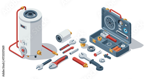 Modern home appliance repair tools in isometric art style with water heater and toolkit