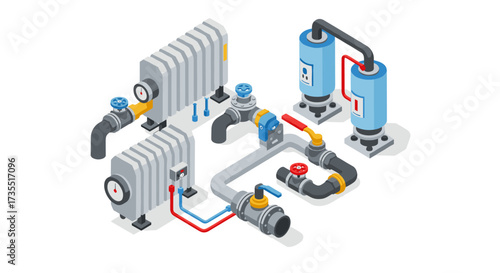 Industrial isometric design of heating pipes and radiators with colorful details