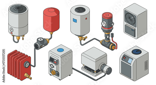 Isometric hvac equipment icons for industrial and home systems