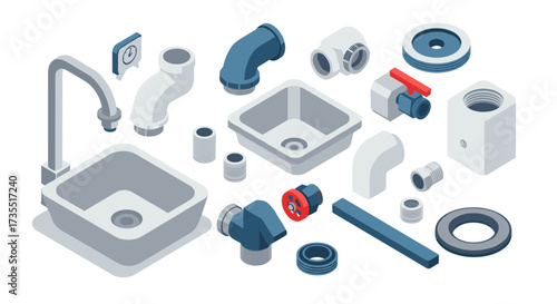 Isometric plumbing components for kitchen and bathroom installation