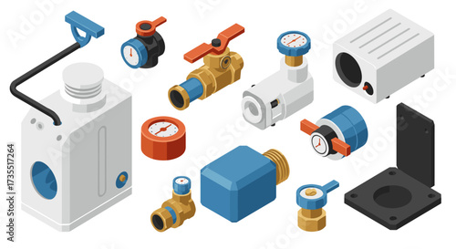 Isometric plumbing components and tools set for industrial and residential use