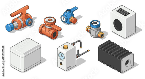 Isometric industrial valves and equipment collection for engineering design