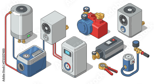 Isometric heating and cooling devices in 3d style for energy management solutions