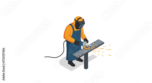Isometric welder working with grinder sparks and precision in workshop