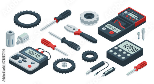 Isometric electronic tools set with multimeter, screwdrivers, and gears for engineering and repair