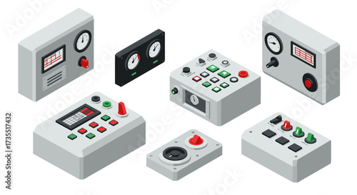 Isometric control panels and devices collection for industrial technology design