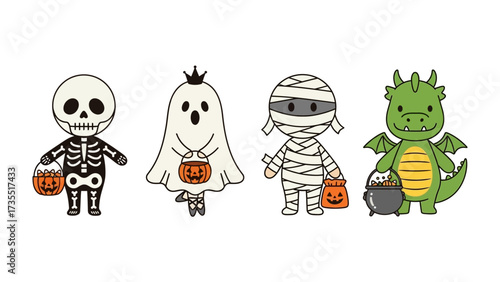Happy Halloween: Adorable cartoon characters, a skeleton, ghost, mummy, and dragon, stand ready for trick-or-treating with their candy bags in hand.