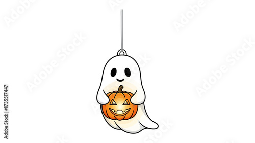 Spooky Halloween Spirit: A charming cartoon ghost, suspended against a backdrop, playfully embraces a carved pumpkin, capturing the whimsical spirit of the Halloween.