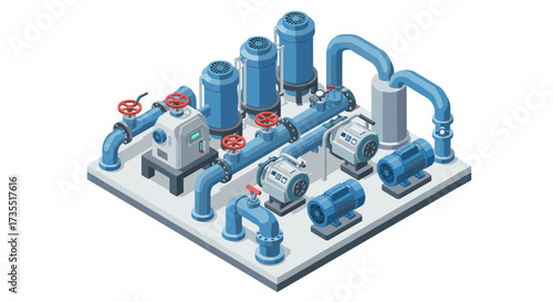 Isometric industrial water pumping system with piping and valves
