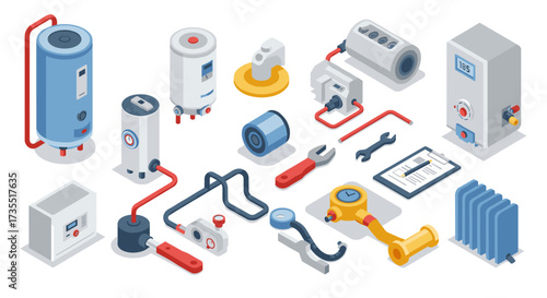 Isometric industrial equipment set featuring tools and machinery elements for automation