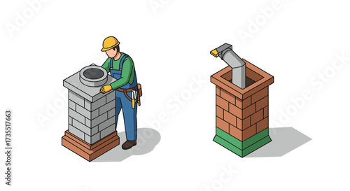 Skilled worker installing brick chimney with steel flue in isometric style