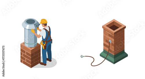 Isometric chimney repair and maintenance scene with worker and tools