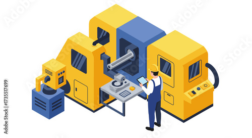Industrial automation isometric design featuring technician and machinery