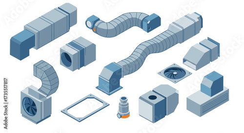 Isometric hvac duct system components in modern 3d style