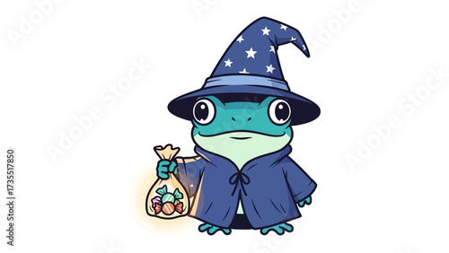 Mystical Frog: A whimsical cartoon illustration of a frog dressed as a wizard, complete with a pointed hat adorned with stars, casting a magical spell.