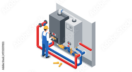 Industrial technician performing heater repair in isometric design