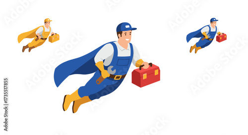 Superhero repairman equipped with tool kit flying in dynamic flat cartoon style