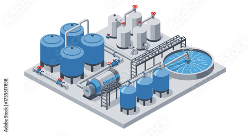Isometric water treatment plant with industrial tanks and pipelines