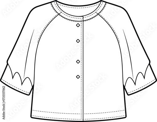 Blouse flat sketch, cad drawing, fashion technical illustration, women top vector, button front shirt, scallop sleeve detail, garment design outline