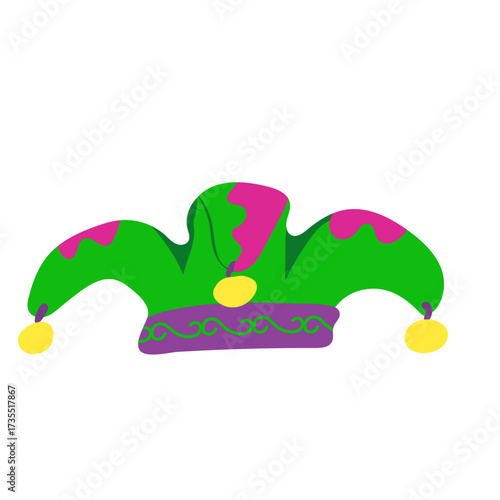 Vector image of buffoon hat with bells for Mardi Gras carnival. Colored logo of clothing element for party.