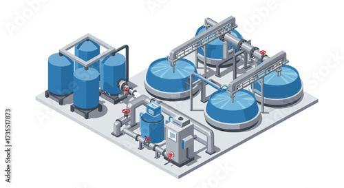 Industrial water treatment plant with blue tanks in isometric design