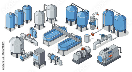 Isometric water treatment factory equipment for industrial process diagrams and designs