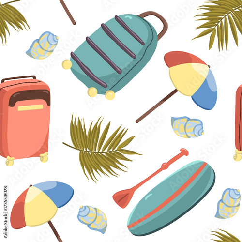 Vector seamless pattern with travel luggage and beach items. Suitcases, surfboards and seashells image.