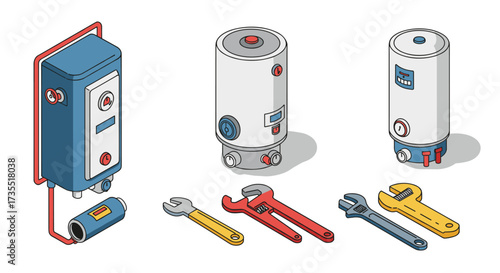 Isometric home appliances and tools water heaters and wrenches for modern utility design